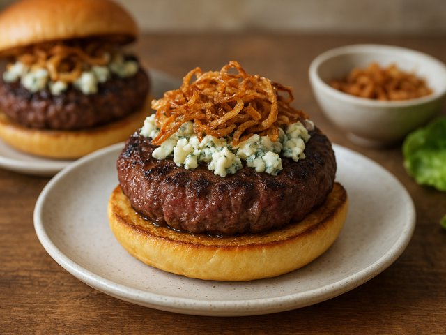 Juicy Pub-Style Burgers With Crispy Shallots And Blue Cheese