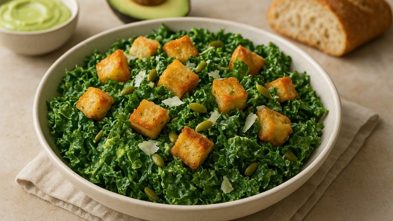 Kale Caesar Salad With Avocado Dressing And Buttery Garlic Croutons