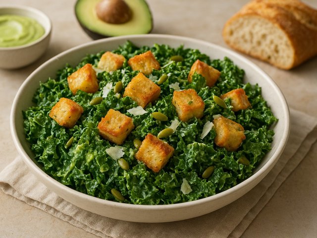 Kale Caesar Salad With Avocado Dressing And Buttery Garlic Croutons
