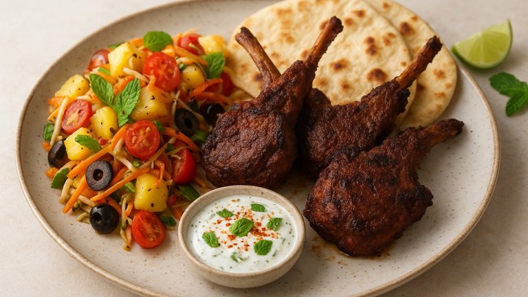 KASHMIRI LAMB CUTLETS WITH PINEAPPLE SALAD & LIME RAITA