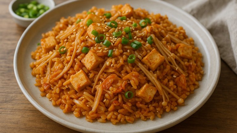 KIMCHI FRIED RICE: with Enoki Mushrooms and Tofu