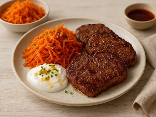 Korean Steaks With Carrot Kimchi & Sanjim