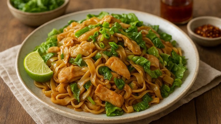 Kuaytiaw Khua Kai (Thai Fried Rice Noodles With Chicken And Romaine)