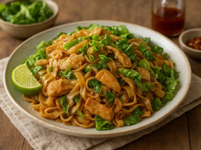 Kuaytiaw Khua Kai (Thai Fried Rice Noodles With Chicken And Romaine)