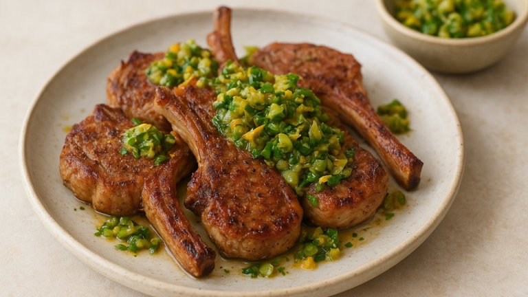 LAMB LOIN Chops WITH Green Olive–orange Relish