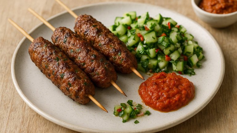 LAMB Pinchos Moruños With Cucumber Salad And Walnut And RED Pepper DIP