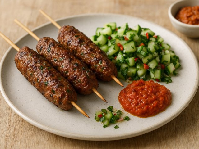 LAMB Pinchos Moruños With Cucumber Salad And Walnut And RED Pepper DIP