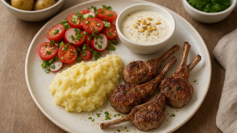 LAMB WITH Tarator Sauce, MASH & Tomato Salad