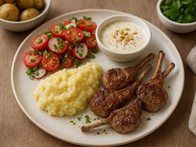 Lamb With Tarator Sauce, Mash & Tomato Salad