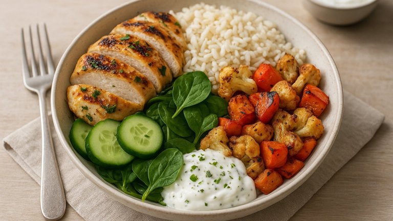 Lunch &Mdash; Charred Lemon Chicken Rainbow Rice Bowl