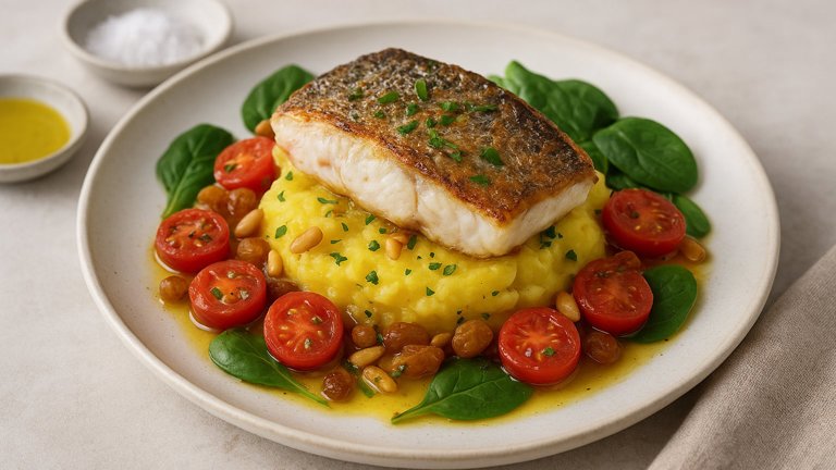 Mallorcan-Style SEA BASS With A Saffron And Olive OIL Parmentier