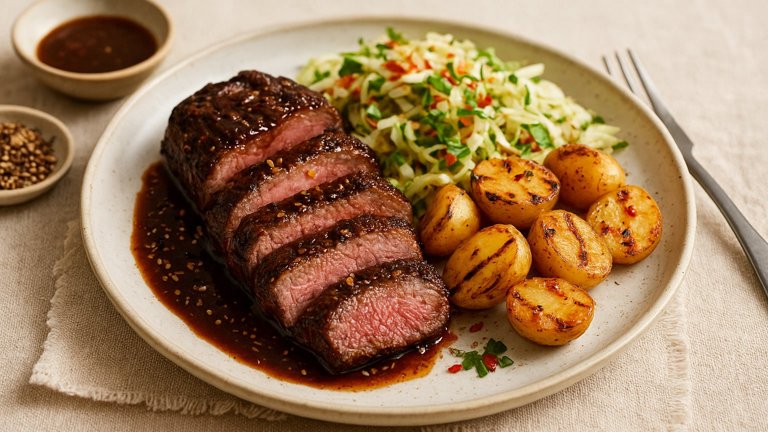 MANCHURIAN LAMB WITH TAMARIND SLAW & GRIDDLED CHILLI POTATOES