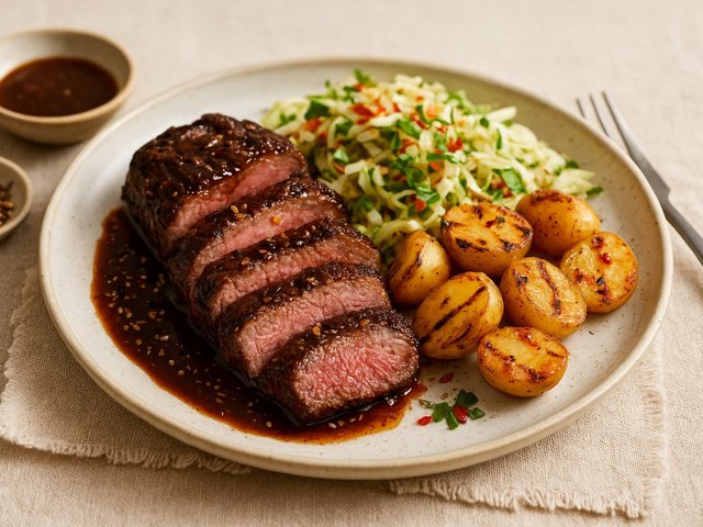 Manchurian Lamb With Tamarind Slaw & Griddled Chilli Potatoes
