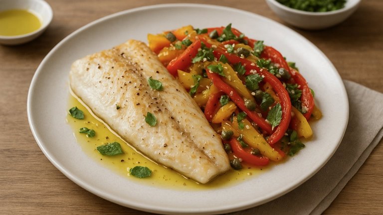 Marinated SEA BASS With Roasted Pepper And Preserved Lemon Salad