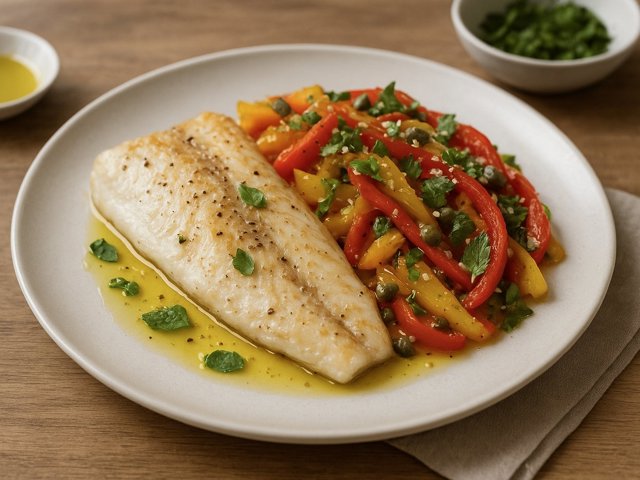 Marinated SEA BASS With Roasted Pepper And Preserved Lemon Salad