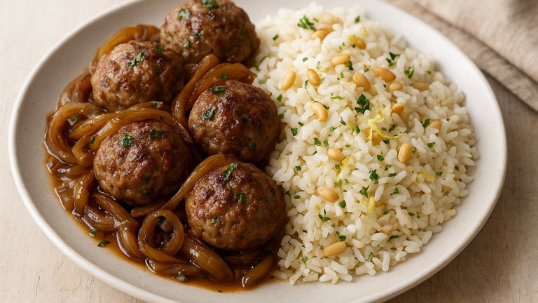 MEATBALLS: with Caramelized Onions and Pine Nut Lemon Rice
