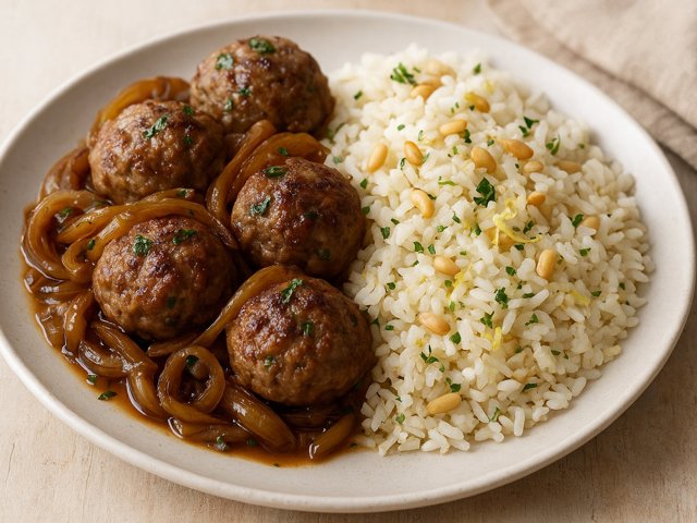 Meatballs: With Caramelized Onions And Pine Nut Lemon Rice