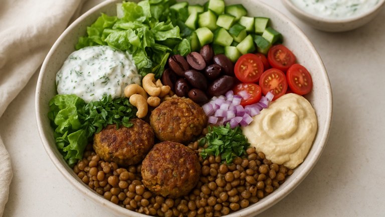 Mediterranean Lentil “Falafel” Bowl With Cashew Tzatziki
