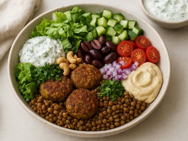 Mediterranean Lentil “Falafel” Bowl With Cashew Tzatziki