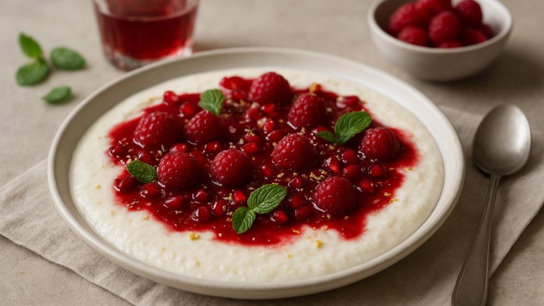 Menjar Blanc With Rosewater, Raspberry And Pomegranate Syrup