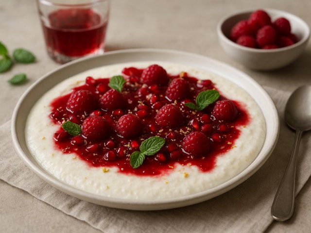 Menjar Blanc With Rosewater, Raspberry And Pomegranate Syrup
