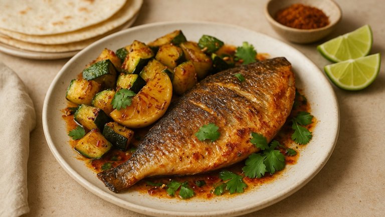 MEXICAN SEA BREAM WITH ROASTED LEMON COURGETTES & SPICY LIME SEASONING