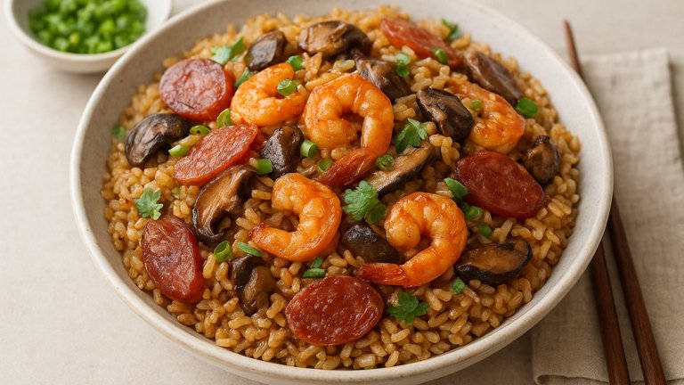 Mom’s Sticky RICE WITH Chinese Sausage, Mushrooms, AND Shrimp