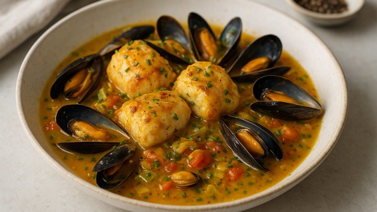 Monkfish Tails With Mussels, Saffron, Cider And Leeks