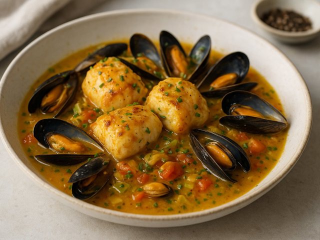 Monkfish Tails With Mussels, Saffron, Cider And Leeks