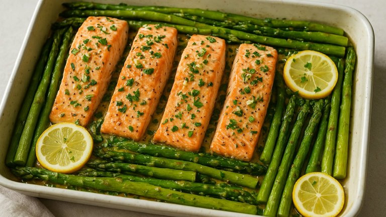One Pan Lemon Garlic Baked Salmon And Asparagus