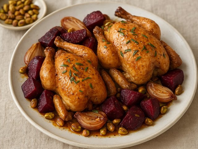 Orange-Tarragon Cornish Game Hens: With Roasted Beets And Pistachios