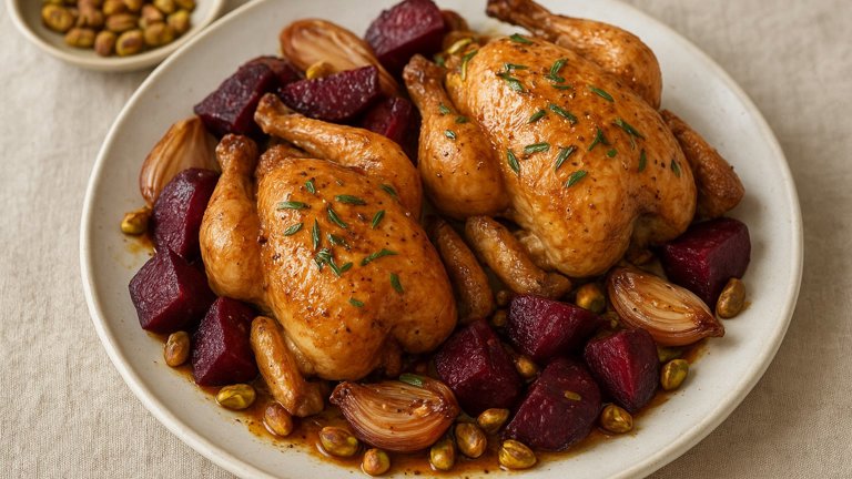 Orange-Tarragon Cornish GAME Hens: With Roasted Beets And Pistachios