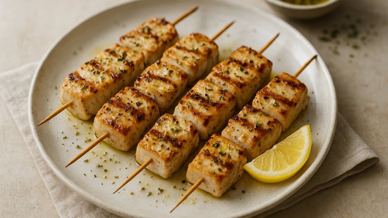 Oregano-Garlic Swordfish Skewers