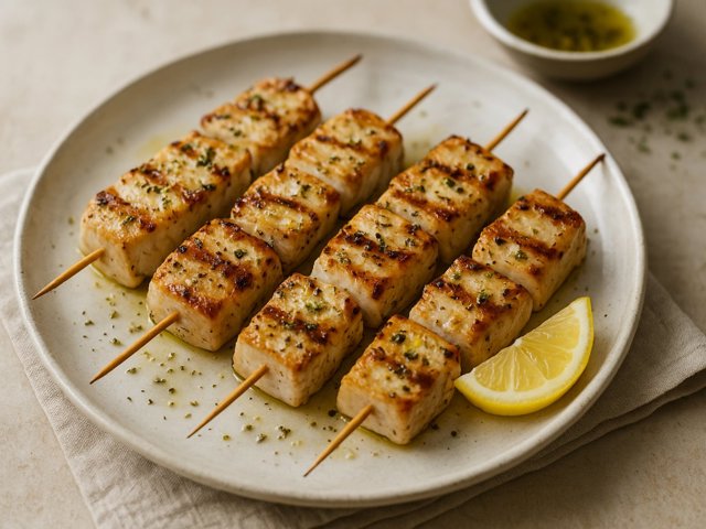 Oregano-Garlic Swordfish Skewers