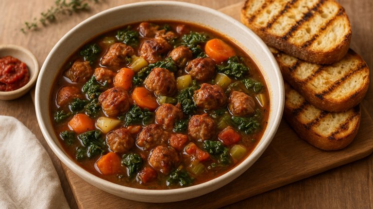 OUR FAVORITE SAUSAGE STEW WITH GRILLED BREAD