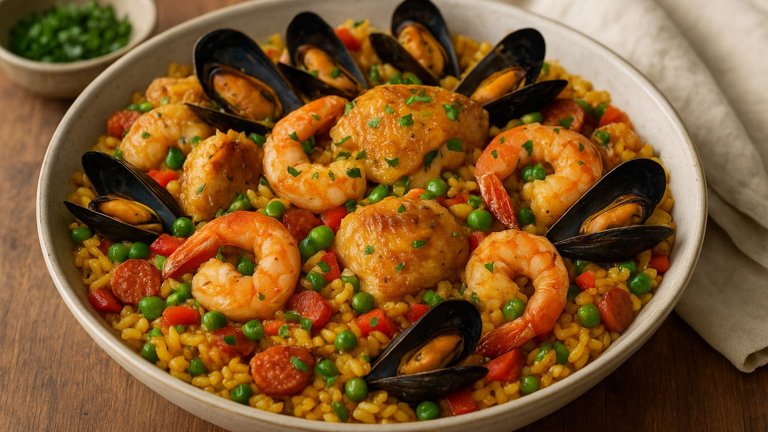 Paella With Chicken, Shrimp, And Mussels