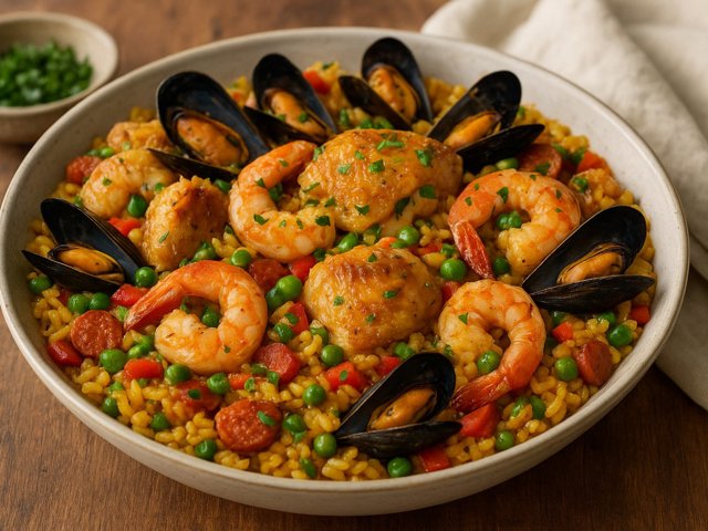 Paella With Chicken, Shrimp, And Mussels