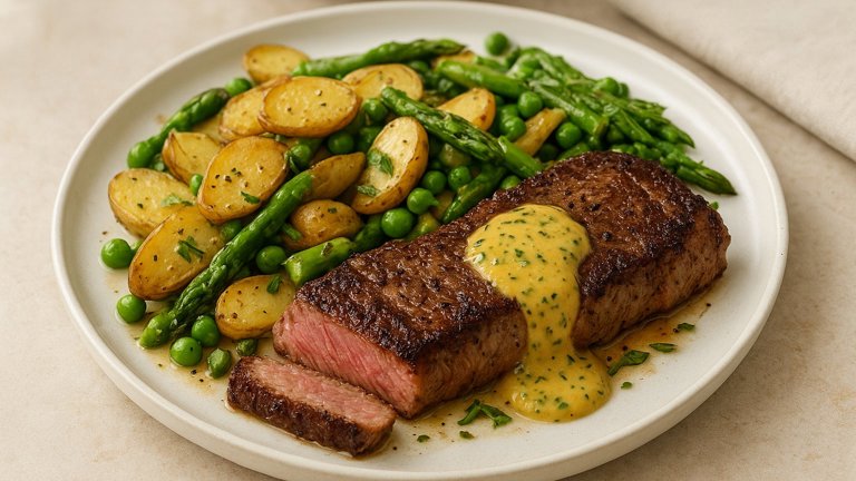 Pan-Seared NEW YORK Steak: With Tarragon Mustard And Spring Vegetables