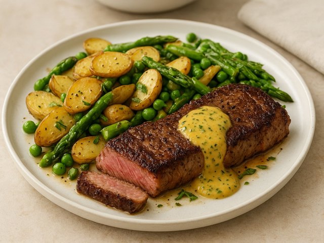 Pan-Seared New York Steak: With Tarragon Mustard And Spring Vegetables