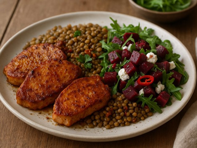 Paprika & Fennel Pork Chops With Lentils & Beetroot Salad