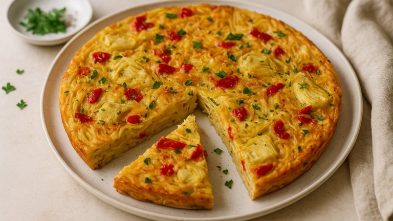 Pasta Frittata: With Piquillo Peppers And Artichokes