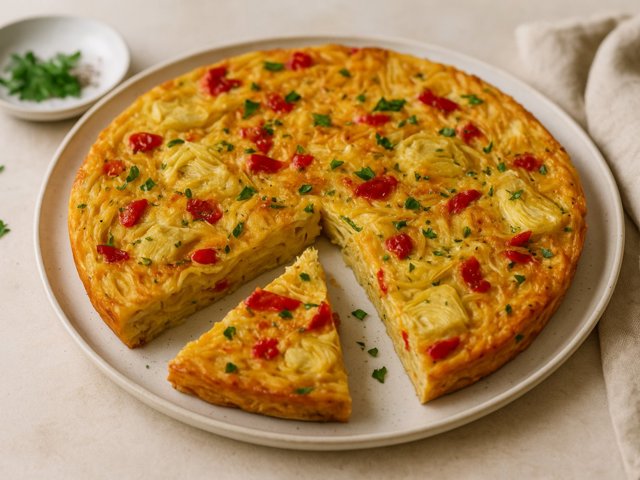 Pasta Frittata: With Piquillo Peppers And Artichokes