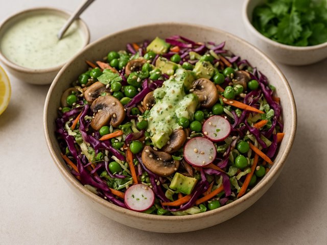 Pea, Mushroom & Cabbage Slaw Bowl With Creamy Herb Dressing