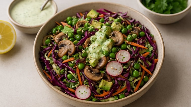 Pea, Mushroom & Cabbage Slaw Bowl with Creamy Herb Dressing