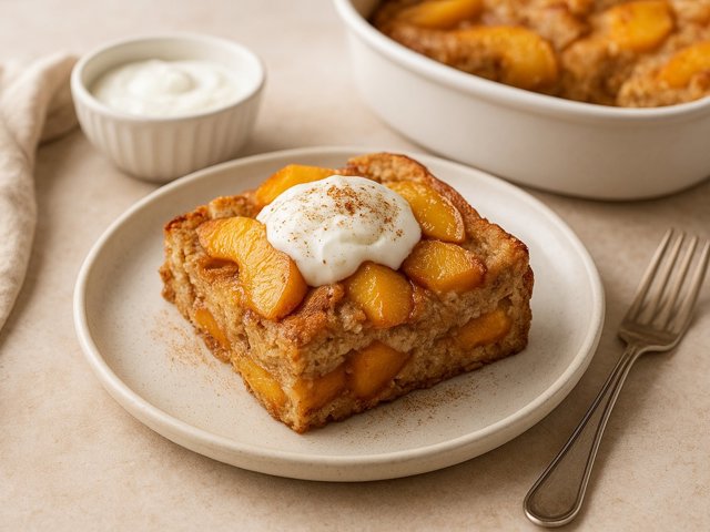 🍑 Peach Cobbler Protein French Toast Bake