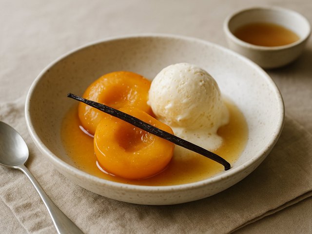 Poached Peaches WITH Buttermilk ICE Cream