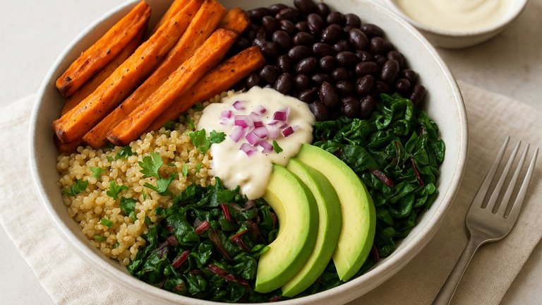 Power Macro Bowl with Sweet Potato Fries & Creamy Cashew Dressing