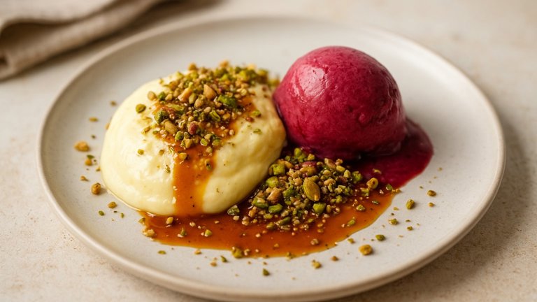 Preserved Lemon Cream With Pistachio Dukkah, Cherry-Rosewater Sorbet And RAS EL Hanout Caramel Sauce