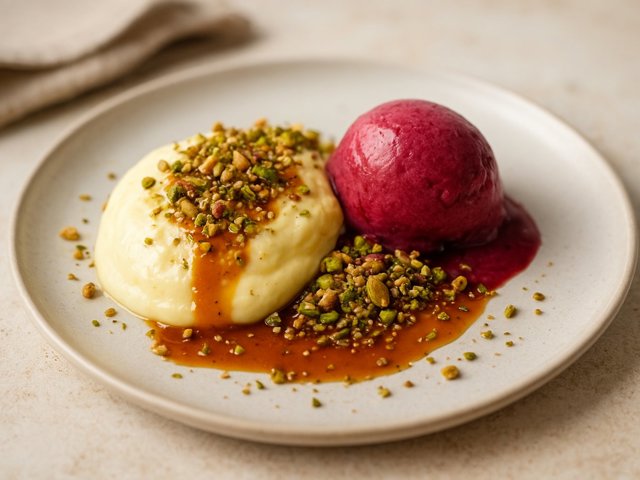 Preserved Lemon Cream With Pistachio Dukkah, Cherry-Rosewater Sorbet And Ras El Hanout Caramel Sauce