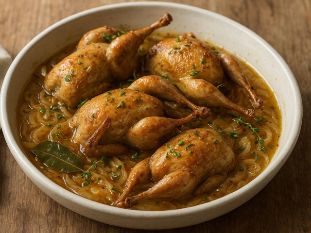 Quails Stewed In Onions, Garlic And White Wine